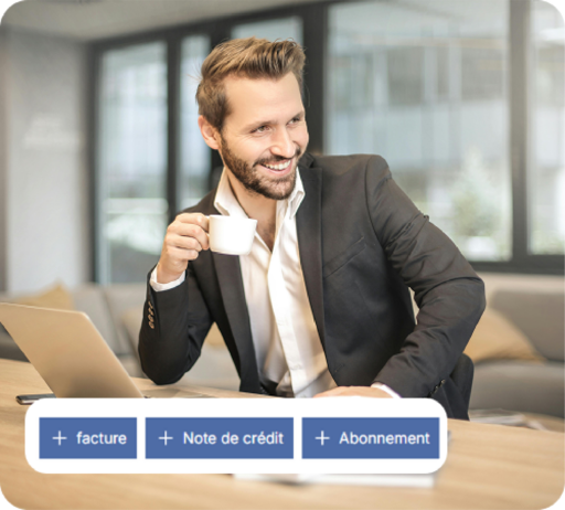 Un homme travaillant joyeusement, avec une capture d'écran de l'application Iniflow