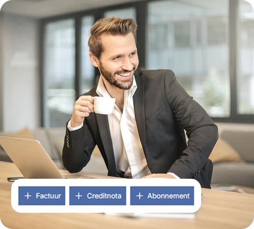 Man die tevreden aan het werk is, met daarbij een schermafbeelding van de Iniflow applicatie
